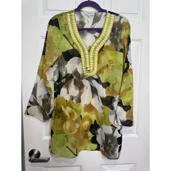 Carmen Marc Valvo Tops - Carmen Medium Sheer Embellished Floral Top Green, Black, White, Gold, and More